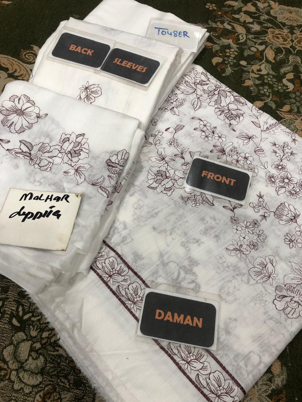 Premium Self Lawn White Suit | Heavy Embroidery Front & Malhar Dupatta