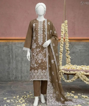 ZUM ZUM Walnut Brown Heavy embroidered Chiffon Dupatta & Swiss shirt Zum Zum Fabric