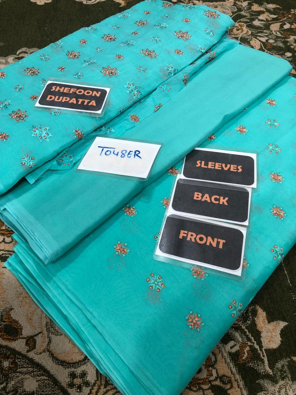 Teal dupatta with labels indicating parts of the garment on a patterned fabric background