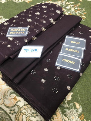 Chiffon Dupatta with labels indicating 'Brown', 'Sleeves', and 'Front' on a patterned fabric background.