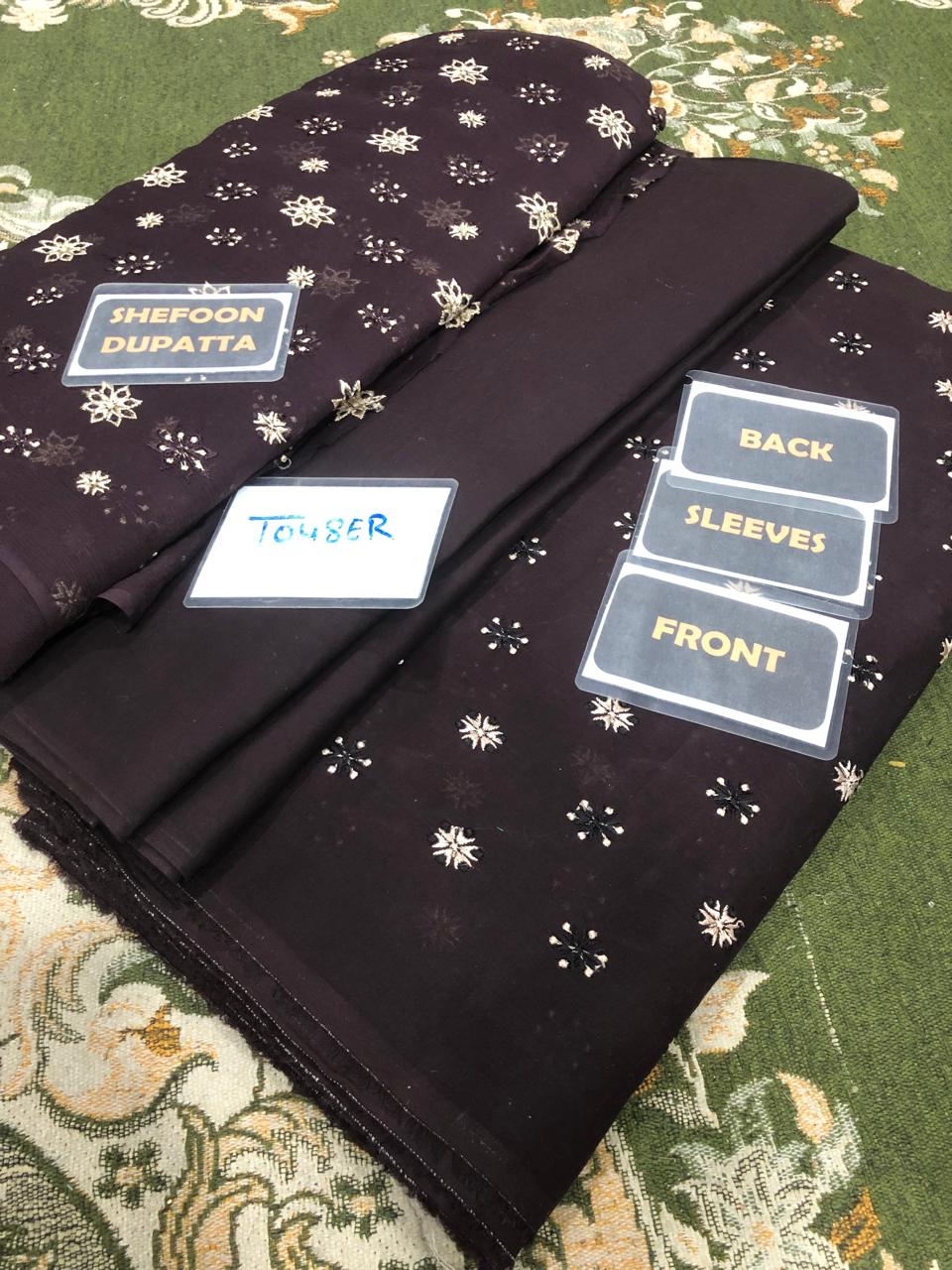 Chiffon Dupatta with labels indicating 'Brown', 'Sleeves', and 'Front' on a patterned fabric background.