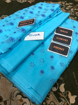 Blue fabric with labels indicating parts of a saree on a patterned surface