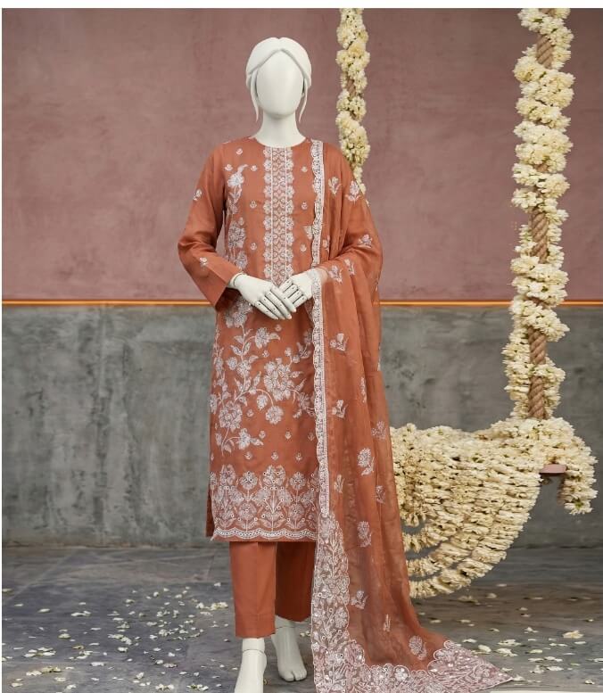 Classic Embroidered Burnt Sienna Swiss Suit with Cambric Trouser