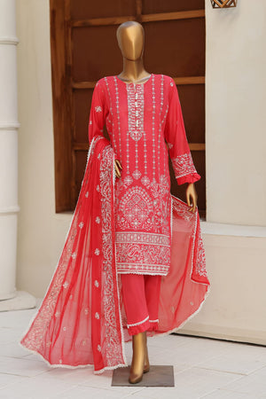 Red embroidered outfit with matching dupatta on a mannequin against a neutral background