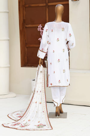 Mannequin wearing a white embroidered outfit with a matching dupatta on a neutral background